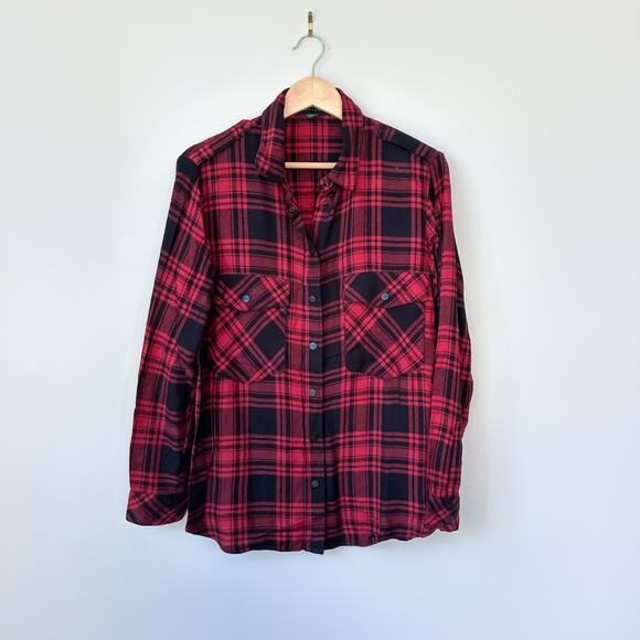 Sanctuary Plaid Snap Front Long Sleeve Shirt Red Black S - Picture 2 of 9